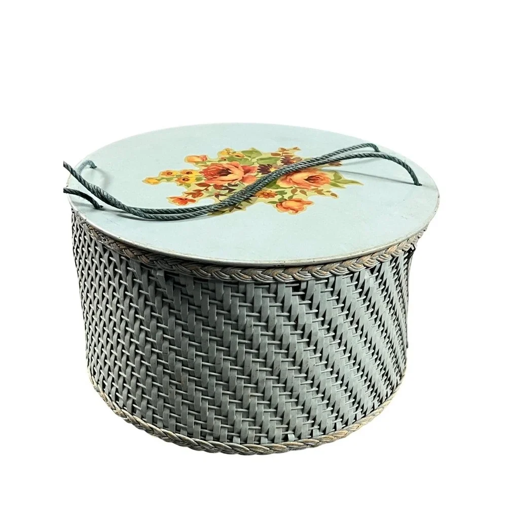 Vintage Woven Round Storage Sewing Container Box Blue Floral Lid Rope Handles - Picture 2 of 9